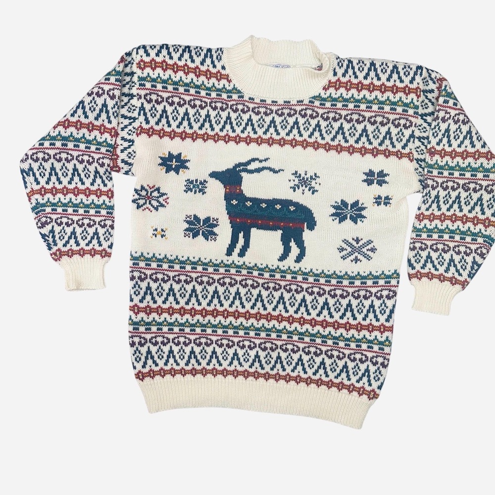 Vintage‎ Hand-Knit Fair Isle Sweater Med Norway Chunky Cottagecore Reindeer Cozy